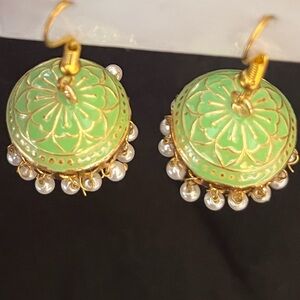 Beautiful Enamel finish Chandelier Jhumka Earrings Gold detail & beaded finish